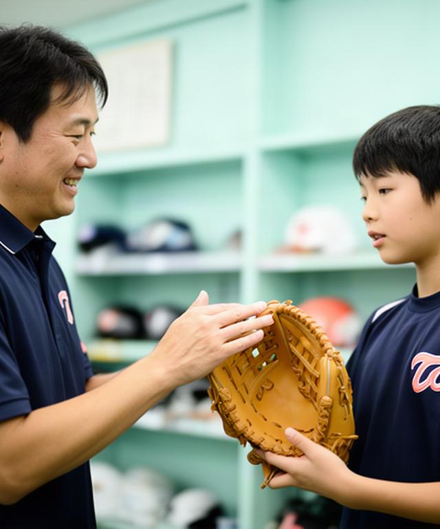 野球用品店のスタッフが店内で少年野球選手のグローブ選びを相談している様子