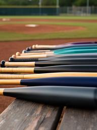 野球場のベンチに並ぶ軟式と硬式の野球バット