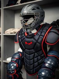 野球用ヘルメットとキャッチャー防具を用具棚に並べた様子