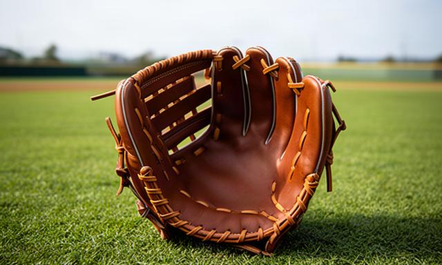 外野手用の大きなグローブを芝生の外野で撮影